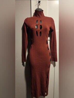 Hera Collection Rust Long-Sleeve Cutout Turtleneck Midi Dress